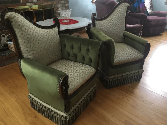 antique marching chairs look updated and vibrant after being reupholstered.