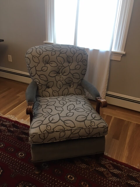 custom slipcover for chair in leaf pattern