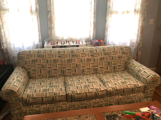 custom slipcovered sofa with goemetric pattern
