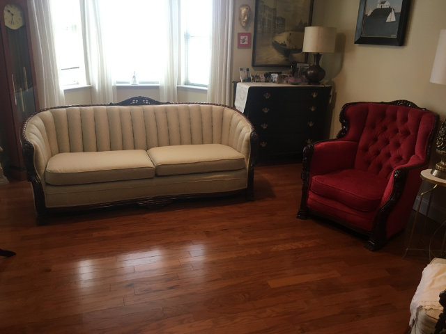 custom slipcovers for beige sofa and red chair