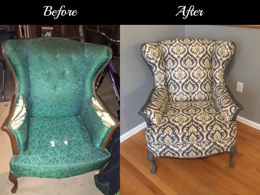 Traditional chair before and after being repaired by Locatelli-Smith Interiors professional reuphostery services.