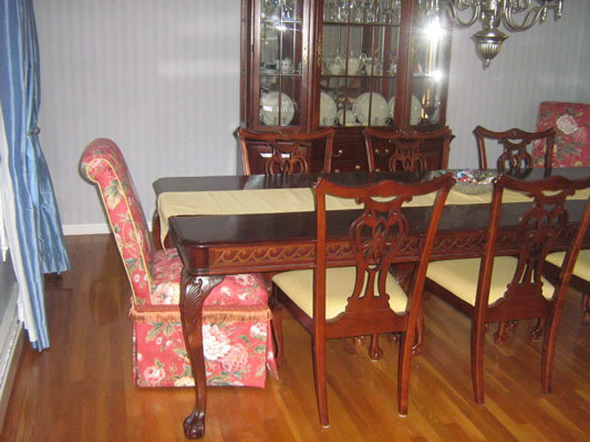 Upholstered parsons chairs, dining room chairs, drapes