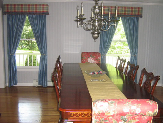 Upholstered parsons chairs, drapes, custom cornices Upholstered parsons chairs, drapes, custom cornices