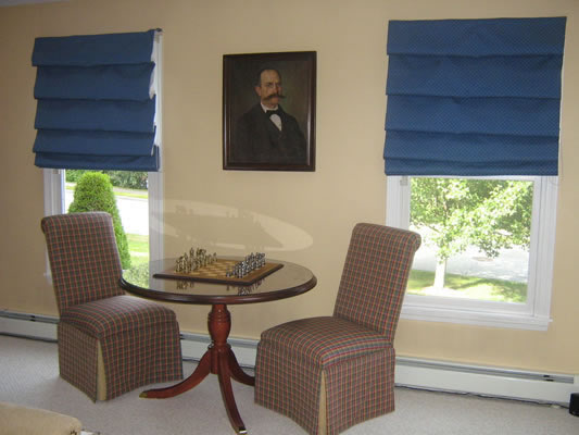 Upholstered Parsons Chairs, Flat Roman Shades