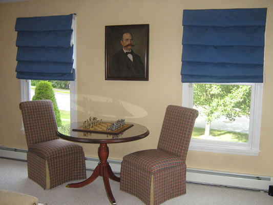 Upholstered Parsons Chairs, Flat Roman Shades Upholstered Parsons Chairs, Flat Roman Shades
