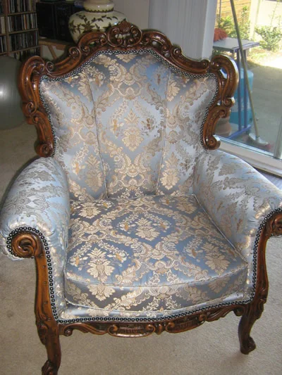 antique chair restored with fresh sustainable upholstery fabric